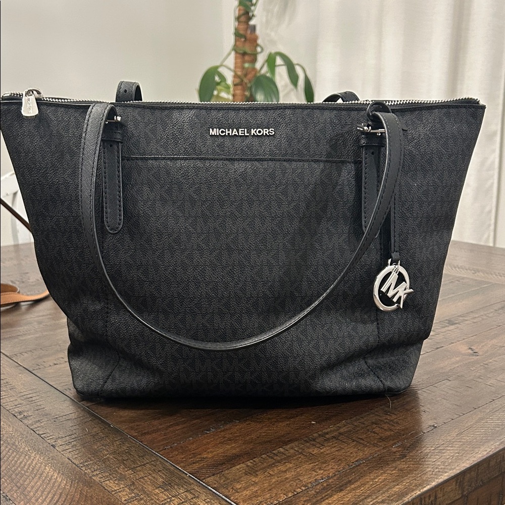 Michael Kors Black MK Logo Tote with Silver Charm